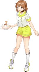 Rule 34 | 1girl, alternate costume, bad id, bad twitter id, blush, brown eyes, buttons, cake, collarbone, drew (drew213g), food, full body, holding, holding plate, kantai collection, kneehighs, light brown hair, oboro (kancolle), official art, open mouth, plate, shirt, shoes, short hair, short sleeves, shorts, smile, sneakers, socks, solo, transparent background, white shirt, white socks, yellow shorts