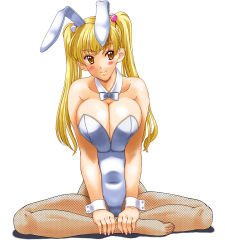 Rule 34 | 1girl, animal ears, blonde hair, blush, breasts, cleavage, detached collar, fake animal ears, female focus, full body, kamia (not found), large breasts, leotard, navel, pantyhose, playboy bunny, rabbit ears, simple background, sitting, solo, tagme, twintails, white background