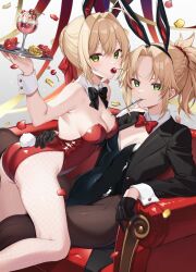 Rule 34 | 2girls, absurdres, animal ears, ass, black leotard, black pantyhose, blonde hair, braid, breasts, cherry, cleavage, detached collar, fake animal ears, fate/grand order, fate (series), fishnet pantyhose, fishnets, flower, food, fork, french braid, fruit, gloves, green eyes, hair intakes, half gloves, highres, ice cream, ice cream cup, jacket, kan&#039;yu (citron 82), leotard, long hair, looking at viewer, medium breasts, mordred (fate), mordred (fate/apocrypha), multiple girls, nero claudius (fate), nero claudius (fate) (all), pantyhose, playboy bunny, rabbit ears, red leotard, rose, sitting, small breasts, suit jacket, tray, utensil in mouth