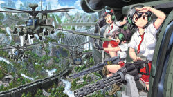 3girls :&lt; aircraft attack_helicopter backpack bag black_hair blue_sky boots breasts brown_eyes brown_footwear city cloud commentary_request ear_protection fang gatling_gun groin gun hair_ribbon hase_yu headset helicopter holding holding_gun holding_weapon knee_pads large_breasts medium_breasts military_vehicle minigun miniskirt multiple_girls necktie original overgrown pleated_skirt ponytail red_necktie ribbon rifle river ruins school_uniform shirt skirt sky water waterfall waving weapon white_shirt