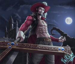 Rule 34 | 1boy, abs, absurdres, beard, black hair, castle, closed mouth, cloud, cloudy sky, commentary, cross, cross necklace, dracule mihawk, english commentary, facial hair, full moon, hat feather, highres, holding, holding sword, holding weapon, jewelry, latin cross, male focus, moon, mustache, necklace, night, one piece, open clothes, outdoors, photoshop (medium), realistic, short hair, sideburns, signature, sky, solo, sword, valkhar, weapon, yellow eyes