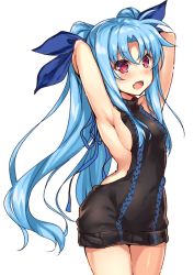 Rule 34 | 1girl, :d, aran sweater, arched back, armpits, arms up, backless dress, backless outfit, black sweater, blue hair, blue ribbon, blush, breasts, brown eyes, cable knit, cowboy shot, dress, hair ribbon, halterneck, highres, levi the slasher, long hair, looking at viewer, lyrical nanoha, mahou shoujo lyrical nanoha innocent, medium breasts, meme attire, naked sweater, open mouth, parted bangs, raiou, ribbon, sideboob, simple background, smile, solo, standing, sweater, sweater dress, thighs, turtleneck, turtleneck sweater, twintails, very long hair, virgin killer sweater, white background