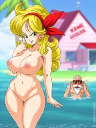 Rule 34 | 1boy, 1girl, artist name, bald, beach, beard, blonde hair, blurry, breasts, cleavage, cleft of venus, cloud, coconut tree, cowboy shot, day, depth of field, dragon ball, dragon ball (classic), facial hair, facing viewer, green eyes, hair ribbon, highres, house, island, kame house, legs together, long hair, looking at viewer, lunch (dragon ball), medium breasts, missing tooth, motion lines, mustache, muten roushi, nipples, nude, ocean, old, old man, outdoors, palm tree, public indecency, puffy areolae, pussy, red ribbon, ribbon, sano br, skinny dipping, sky, smile, standing, sunglasses, tree, uncensored, wading, weather vane, white beard