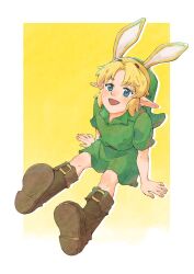 Rule 34 | 1boy, :d, animal ears, blush, boots, brown footwear, earrings, fake animal ears, green eyes, green headwear, green tunic, highres, jewelry, knee boots, link, male focus, nintendo, open mouth, outline, pointy ears, short sleeves, sitting, smile, the legend of zelda, the legend of zelda: majora&#039;s mask, white outline, yangyaozigo, yellow background, young link