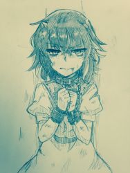 Rule 34 | 1girl, bound, bound wrists, bow, bowtie, broken horn, bruise, bruise on face, chain, collar, commentary request, efukei, hair between eyes, horns, injury, kijin seija, looking at viewer, monochrome, puffy short sleeves, puffy sleeves, shaded face, short hair, short sleeves, solo, sweat, tied up, touhou, traditional media, upper body