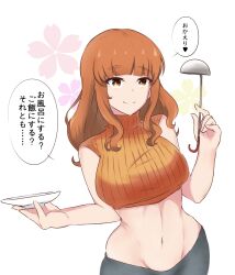 Rule 34 | 1girl, amogan, bike shorts, black shorts, blunt bangs, casual, closed mouth, commentary, cropped shirt, girls und panzer, groin, heart, highres, holding, holding ladle, holding saucer, ladle, long hair, looking at viewer, midriff, navel, orange eyes, orange hair, ribbed shirt, saucer, shinkon santaku, shirt, shorts, sleeveless, sleeveless shirt, smile, solo, standing, takebe saori, translated, turtleneck