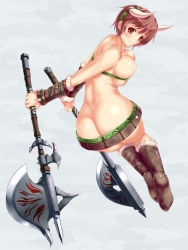 Rule 34 | 1girl, ass, axe, belly, breasts, bursting breasts, butt crack, dual wielding, earrings, highres, holding, horns, idolmaster, jewelry, large breasts, looking at viewer, oikawa shizuku, red eyes, rokujiru, rokushiru (muzai-p), smile, solo, warrior, weapon