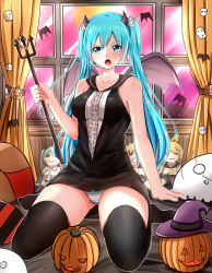 Rule 34 | 1girl, aqua eyes, aqua hair, baretto (karasi07), bat (animal), black thighhighs, character doll, curtains, demon wings, halloween, hatsune miku, highres, horns, jack-o&#039;-lantern, kagamine len, kagamine rin, long hair, looking at viewer, open mouth, panties, polearm, seiza, sitting, solo, striped clothes, striped panties, thighhighs, trident, twintails, underwear, vocaloid, weapon, window, wings