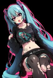 Rule 34 | 1girl, alternate costume, aqua hair, black background, breasts, chain, gothic lolita, hatsune miku, jacket, lolita fashion, long hair, medium breasts, nails, navel, open mouth, pink eyes, redpostit, see-through, see-through legwear, shorts, sitting, tattoo, tattoo on belly, teeth, thighhighs, torn clothes, twintails, upper teeth only, vocaloid