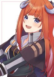 Rule 34 | 1girl, :d, arknights, bagpipe (arknights), belt, blue eyes, blunt bangs, brown capelet, capelet, dragon horns, highres, horns, long hair, long sleeves, looking at viewer, open mouth, orange hair, signature, simple background, smile, solo, teeth, upper body, upper teeth only, white background, yokuto