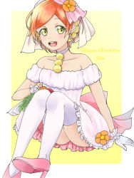 Rule 34 | 1girl, artist name, artist request, back bow, bare shoulders, bow, breasts, cherry blossoms, choker, cleavage, collarbone, dress, earrings, female focus, flower, full body, gloves, green eyes, hair between eyes, hair flower, hair ornament, high heels, holding, holding microphone, hoshizora rin, jewelry, knees up, legs up, lemomo rinmaru, looking at viewer, love live!, love live! school idol festival, love live! school idol project, love wing bell, love wing bell (love live!), microphone, miniskirt, orange flower, orange hair, parted lips, pink bow, pink footwear, pink high heels, pink skirt, plaid, plaid dress, plaid skirt, pleated, pleated dress, pleated skirt, pom pom (clothes), pom pom hair ornament, short dress, short hair, sitting, skirt, sleeveless, sleeveless dress, small breasts, smile, solo, strapless, strapless dress, teeth, veil, wedding dress, white choker, white dress, white gloves, white legwear, white skirt, white veil, white wrist cuffs, wrist cuffs, yellow eyes, yellow flower