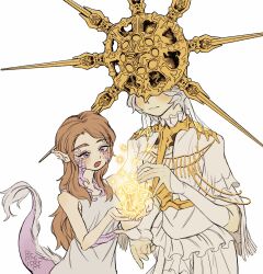 Rule 34 | 1boy, 1girl, :o, absurdres, blush, brother and sister, brown hair, company captain yorshka, covered eyes, dark souls (series), dark souls i, dark souls iii, dark sun gwyndolin, dragon girl, dress, glowing, gold headwear, helmet, helmet over eyes, highres, long hair, pointy ears, robe, scales, siblings, smile, snake, sun symbol, tail, translation request, trap, white hair, white robe, zunkome