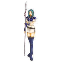Rule 34 | 1girl, aqua hair, armor, armored dress, asymmetrical gloves, belt, blue eyes, blue footwear, blue gloves, blue thighhighs, boots, dress, female focus, fingerless gloves, fiora, fiora (fire emblem), fire emblem, fire emblem: the blazing blade, full body, gloves, highres, holding, holding weapon, lance, legs, looking at viewer, nintendo, official art, pauldrons, pegasus knight uniform (fire emblem), polearm, shoulder armor, side slit, smile, solo, spear, standing, thigh boots, thighhighs, uneven gloves, uniform, wada sachiko, weapon, white background