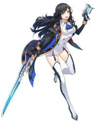 Rule 34 | 1girl, alternate costume, alternate hairstyle, black coat, black gloves, black hair, blue eyes, blue neckwear, boots, braid, breasts, closers, coat, crown braid, dress, garter straps, gloves, gun, handgun, high heel boots, high heels, highres, holding, holding gun, holding sword, holding weapon, large breasts, long hair, looking at viewer, official art, open clothes, open coat, open mouth, sideboob, sidelocks, simple background, sleeveless, sleeveless dress, solo, source request, sword, thigh boots, thighhighs, weapon, yuri seo