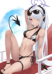 Rule 34 | 1girl, arm behind head, arm up, banned artist, bikini, black bikini, black bow, black gloves, blue archive, blush, bow, breasts, cleavage, closed mouth, collarbone, eyewear on head, gloves, groin, hair bow, hair over one eye, halterneck, iori (blue archive), iori (swimsuit) (blue archive), jewelry, kyoeiki, long hair, looking at viewer, multi-strapped bikini, navel, pendant, pointy ears, red eyes, sandals, side-tie bikini bottom, sideboob, silver hair, sitting, skindentation, small breasts, smile, solo, sunglasses, swimsuit, tail, thigh strap, twintails, very long hair