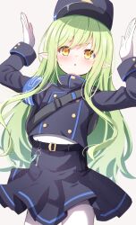 Rule 34 | 1girl, :o, armband, arms up, baram, belt, black belt, black hat, black skirt, blue archive, blue armband, blush, commentary request, green hair, grey background, hat, hikari (blue archive), highres, long hair, long sleeves, looking at viewer, pantyhose, pointy ears, sidelocks, simple background, skirt, solo, white pantyhose, yellow eyes