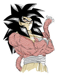 Rule 34 | 1boy, abs, black hair, body fur, crossed arms, dragon ball, dragon ball gt, fenyon, highres, looking down, monkey boy, monkey tail, muscular, muscular male, red fur, saiyan, simple background, smile, solo, son goku, spiked hair, super saiyan, super saiyan 4, tail, topless male, yellow eyes