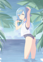 Rule 34 | 1girl, absurdres, arm up, armpits, ass, blue eyes, blue hair, blue sailor collar, cloud, commentary, creatures (company), freckles, game freak, hairband, hand up, highres, lana (pokemon), looking at viewer, looking back, melonyogurt, nintendo, no sclera, one-piece swimsuit, outdoors, palm tree, parted lips, pokemon, pokemon sm, sailor collar, shirt, short hair, sky, sleeveless, smile, solo, swimsuit, swimsuit under clothes, tree, trial captain, wading, water