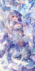 Rule 34 | 1girl, absurdres, angel wings, animal, arm cuffs, bird, bird on hand, blue eyes, blue gemstone, blue ribbon, blue sky, blush, bow, breasts, choker, cleavage, clothing request, clover print, commentary, cross print, day, dress, english commentary, english text, floral print, flower, flying, frilled dress, frills, gem, hair between eyes, hair flower, hair ornament, halo, happy, harness, heaven, heterochromia, highres, holding, horse, lace, lace-trimmed cuffs, lace-trimmed legwear, lace trim, long hair, looking at viewer, mane, medium breasts, midriff, navel, open mouth, original, red eyes, ribbon, samo cha, sitting on animal, sky, solo, teeth, thighhighs, twitter username, watermark, white bird, white bow, white choker, white dress, white flower, white footwear, white hair, white horse, white theme, white thighhighs, white wings, wings