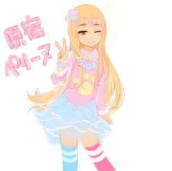 Rule 34 | 1girl, ;), asymmetrical legwear, blonde hair, blue skirt, blue thighhighs, bracelet, eyebrows, eyewear on head, glasses, hair ornament, hairclip, heart, heart hair ornament, jewelry, long hair, long sleeves, mune, one eye closed, paw print, perrine h. clostermann, pink-framed eyewear, pink thighhighs, simple background, skirt, smile, solo, strike witches, thighhighs, uneven legwear, v, white background, world witches series, yellow eyes