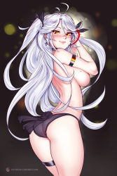 Rule 34 | 1girl, antenna hair, armband, ass, azur lane, back, bbc-chan, bikini, bikini bottom only, black bikini, black choker, black ribbon, breasts, choker, commentary, cowboy shot, cross, cross earrings, earrings, english commentary, flag print, flat ass, from behind, german flag, hair ribbon, highres, iron cross, jewelry, large breasts, lips, long hair, looking back, mole, mole on breast, multicolored hair, orange eyes, prinz eugen (azur lane), ribbon, see-through, silver hair, smile, solo, standing, streaked hair, swept bangs, swimsuit, thick thighs, thigh strap, thighs, topless, two side up