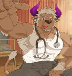 Rule 34 | 1boy, :p, abs, animal ears, arm up, armpit peek, bara, bare pectorals, bare shoulders, black pants, brown fur, bulge, chest hair, covered abs, cow ears, cow horns, doctor, foreshortening, furry, furry male, gapao (gapao0520), highres, horns, large pectorals, looking at viewer, pectoral cleavage, male focus, minotaur, muscular, muscular male, nipples, no headwear, pants, pectorals, purple eyes, purple horns, raised eyebrow, shennong (housamo), short hair, sidepec, solo, stethoscope, stomach, tail raised, tank top, thick thighs, thighs, tokyo houkago summoners, tongue, tongue out, white hair, white tank top