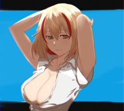 Rule 34 | 1girl, akizuki (17769498), arms behind head, azur lane, blue background, breasts, cleavage, hair between eyes, highres, large breasts, light brown hair, looking at viewer, multicolored hair, no bra, partially unbuttoned, red hair, roon (azur lane), shirt, short sleeves, simple background, solo, streaked hair, two-tone hair, upper body, white shirt, yellow eyes