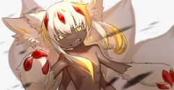 Rule 34 | 1girl, angry, animal ears, blonde hair, body fur, claws, collarbone, colored eyelashes, commentary, crying, crying with eyes open, dark-skinned female, dark skin, extra arms, faputa, fewer digits, frown, glowing, glowing eyes, haitu kira, hand up, highres, horns, incoming attack, looking at viewer, made in abyss, medium hair, monster girl, motion blur, multicolored hair, multiple horns, multiple tails, open mouth, red horns, sharp teeth, simple background, solo, streaked hair, tail, tears, teeth, two-tone hair, upper body, white background, white fur, white hair, yellow eyes
