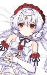 Rule 34 | 1girl, :o, bad id, bad pixiv id, bed sheet, black ribbon, blush, bow, braid, commentary request, cross, detached sleeves, dress, dutch angle, flower, hair between eyes, hair flower, hair ornament, honkai (series), honkai impact 3rd, latin cross, long sleeves, looking away, looking to the side, lying, on back, parted lips, red eyes, red flower, red rose, ribbon, rose, silver hair, sleeves past wrists, solo, strapless, strapless dress, tama (tamatamo), theresa apocalypse, theresa apocalypse (luna kindred), white bow, white dress, white sleeves