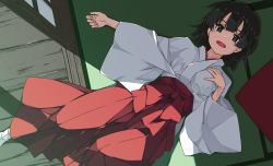 Rule 34 | 1girl, black eyes, black hair, blunt bangs, commentary, commentary request, hair between eyes, hakama, highres, japanese clothes, lying, miko, on back, open mouth, original, red hakama, shikei, short hair, smile, solo, tabi, tatami, wide sleeves