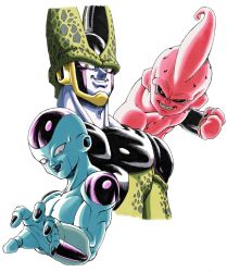 Rule 34 | 3boys, absurdres, black lips, black nails, black sclera, cell (dragon ball), clenched hand, clenched teeth, colored sclera, colored skin, commentary request, dragon ball, dragonball z, frieza, grey skin, highres, kid buu, looking at viewer, majin buu, male focus, multiple boys, nagare seiya, nail polish, parted lips, perfect cell, pink skin, red eyes, sharp teeth, simple background, smile, teeth, toriyama akira (style), white background