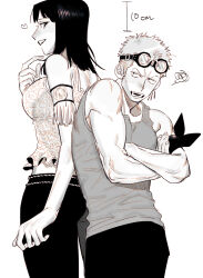 Rule 34 | 1boy, 1girl, back-to-back, bandana around arm, bare shoulders, black hair, black pants, blush, chanko neru, crossed arms, earrings, goggles, goggles on head, greyscale, heart, height difference, highres, jewelry, long hair, monochrome, nico robin, one piece, open mouth, pants, roronoa zoro, short hair, single earring, smile, teeth