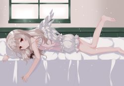 Rule 34 | 1girl, angel, bare legs, bare shoulders, black bow, bloomers, blush, bow, camisole, feathered wings, frilled camisole, frills, from side, hair bow, indoors, leg up, long hair, looking at viewer, lying, md5 mismatch, nanatuki13, on bed, on stomach, open mouth, original, pink camisole, red eyes, resolution mismatch, silver hair, solo, source larger, strap slip, underwear, white wings, wings