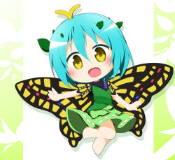 Rule 34 | 1girl, antennae, aqua hair, barefoot, blush, butterfly wings, dress, eternity larva, fairy, full body, green dress, hair between eyes, insect wings, leaf, leaf on head, multicolored clothes, multicolored dress, open mouth, senba chidori, short hair, short sleeves, smile, solo, touhou, wings, yellow eyes