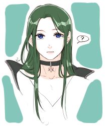 Rule 34 | 1boy, ?, blue eyes, choker, collarbone, commentary request, drawingddoom, fire emblem, fire emblem: three houses, green hair, highres, linhardt von hevring, long hair, looking at viewer, male focus, nintendo, parted lips, solo, speech bubble, upper body, watermark