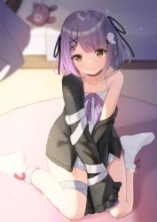Rule 34 | 1girl, absurdres, arms between legs, bare shoulders, bed, black ribbon, blurry, blurry background, blurry foreground, closed mouth, collarbone, commentary, dot nose, feet, forehead, ghost hair ornament, hair ornament, highres, long sleeves, looking at viewer, off shoulder, purple hair, ribbon, shinomiya runa, shinomiya runa (1st costume), short hair, sitting, sleeves past wrists, smile, socks, soles, solo, sparkle, stuffed animal, stuffed cat, stuffed toy, t0hkiji, thigh strap, thighs, virtual youtuber, vspo!, wariza, white socks, x hair ornament, yellow eyes