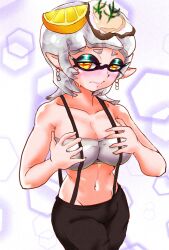 Rule 34 | + +, 1girl, bare shoulders, black pants, blush, breasts, chromatic aberration, cleavage, cowboy shot, domino mask, earrings, food, food on head, fruit, grey hair, hands on own breasts, hexagon, highres, inkling, jewelry, large breasts, lemon, lemon slice, marie (splatoon), mask, mazuo917, midriff, nintendo, object on head, official alternate costume, oyster, pants, pointy ears, short hair, solo, splatoon (series), splatoon 3, strapless, suspenders, tube top, white tube top, yellow eyes
