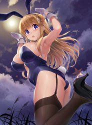 Rule 34 | 1girl, alternate costume, animal ears, armpits, ass, bare shoulders, black thighhighs, blonde hair, blush, breasts, cleavage, cloud, commentary request, detached collar, fake animal ears, fletcher (kancolle), full moon, garter straps, gloves, hair ornament, high heels, highres, kantai collection, large breasts, leotard, long hair, looking at viewer, moon, moonlight, navel, night, night sky, open mouth, outdoors, playboy bunny, purple eyes, rabbit ears, rabbit tail, shinozuka jouji, skindentation, sky, solo, star (symbol), star hair ornament, strapless, strapless leotard, tail, thighhighs, white gloves, wrist cuffs