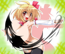 Rule 34 | 1girl, armpits, black thighhighs, blonde hair, breasts, censored, convenient censoring, curvy, detached sleeves, fang, female focus, hair ornament, hair ribbon, huge breasts, leaning forward, nude, aged up, open mouth, red eyes, ribbon, rumia, semahiro, short hair, solo, standing, thighhighs, touhou