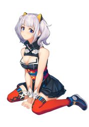 Rule 34 | 1girl, bare shoulders, black skirt, blunt bangs, blush, breasts, cleavage, full body, highres, kaguya luna, kotoribako, large breasts, looking at viewer, obi, parted lips, pleated skirt, purple eyes, red thighhighs, sash, shoes, silver hair, simple background, sitting, skirt, solo, the moon studio, thighhighs, twintails, virtual youtuber, wariza, white background, wristband