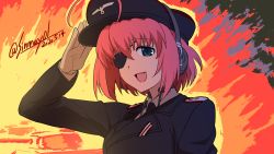 Rule 34 | 1girl, ahoge, black hat, black jacket, black necktie, blue eyes, borrowed character, commentary, dated, dress shirt, epaulettes, ernst von bauer, eyepatch, fang, fire, gloves, hat, highres, jacket, kurokishi monogatari, looking at viewer, military, military hat, military uniform, military vehicle, motor vehicle, necktie, open mouth, panther (tank), peaked cap, pink hair, salute, shinmai (kyata), shirt, short hair, smile, solo, tank, throat microphone, twitter username, uniform, white gloves, white shirt, wing collar