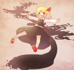 Rule 34 | :d, arinu, blonde hair, darkness, fang, hair ribbon, open mouth, outstretched arms, red eyes, ribbon, rumia, shirt, short hair, skirt, smile, solo, spread arms, touhou, vest