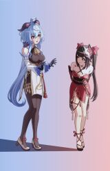Rule 34 | 2girls, :d, ahoge, aki no oden, arms behind back, bare shoulders, black gloves, black hair, black sash, blue background, blue hair, bodystocking, breasts, cleavage, commentary, criss-cross halter, detached sleeves, full body, ganyu (genshin impact), genshin impact, gloves, gradient background, halterneck, high-waist skirt, high heels, highres, honkai: star rail, honkai (series), horns, leaning forward, long hair, long sleeves, looking at another, medium breasts, multiple girls, nail polish, o-ring, obi, open mouth, pink background, sash, shoes, skirt, smile, sparkle (honkai: star rail), standing, sweat, toenail polish, toenails, ueda reina, very long hair, voice actor connection, white footwear, white skirt