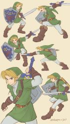 Rule 34 | 1boy, absurdres, artist name, belt, blonde hair, boots, brown belt, brown footwear, brown gloves, cowboy shot, fingerless gloves, gloves, green headwear, green tunic, grey pants, highres, holding, holding shield, holding sword, holding weapon, hylian shield, knee boots, link, master sword, multiple views, nintendo, open mouth, pants, parted bangs, shield, shield on back, simple background, sword, takapon-o-ji, teeth, the legend of zelda, the legend of zelda: ocarina of time, tongue, watermark, weapon