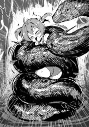 Rule 34 | 1girl, absurdres, arniro111, ass, blush, closed eyes, dying, greyscale, highres, imminent vore, isshiki akane, monochrome, open mouth, saliva, short hair, snake, struggling, swimsuit, tears, teeth, twintails, upper teeth only, vividred operation