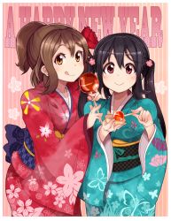Rule 34 | 2girls, :q, alternate costume, alternate hairstyle, animal print, bad id, bad pixiv id, black hair, blush, brown hair, butterfly print, candy apple, cherry blossoms, floral print, flower, food, furisode, hair flower, hair ornament, happy new year, highres, hirasawa yui, japanese clothes, k-on!, kimono, kuzu kow, long hair, looking at viewer, multiple girls, nakano azusa, new year, obi, pink background, ponytail, red eyes, sash, shoes, smile, striped, striped background, tongue, tongue out, twintails, yellow eyes, yukata