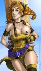 Rule 34 | 1girl, aika (eternal arcadia), armband, belt, braid, breasts, bursting breasts, cerberuslives, cleavage, dress, earrings, eternal arcadia, gloves, goggles, goggles on head, highres, jewelry, large breasts, naughty face, necklace, orange hair, pinup (style), sega, smile, thighs, twin braids