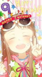 Rule 34 | 1girl, :d, blush, brown hair, candle, character name, closed eyes, cloud, commentary request, dated, eyewear on head, facing viewer, food, food on face, food on hand, fork, gomennasai, hand up, happy birthday, hat, head tilt, heart, heart-shaped eyewear, holding, holding fork, hood, hood down, hooded jacket, ichihara nina, idolmaster, idolmaster cinderella girls, jacket, long hair, long sleeves, neck ribbon, open mouth, party hat, pink jacket, red ribbon, ribbon, round teeth, shirt, sleeves past wrists, smile, solo, star (symbol), striped background, striped clothes, striped shirt, teeth, upper body, upper teeth only, v, vertical stripes, white-framed eyewear, white hat