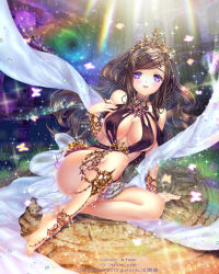 Rule 34 | 1girl, a.yuuki, anklet, artist name, barefoot, barefoot sandals (jewelry), bracelet, breasts, brown hair, bug, butterfly, cleavage, crown, earrings, grass, hair ornament, insect, jewelry, large breasts, long hair, lots of jewelry, original, parted lips, purple eyes, sitting, solo, torn clothes, tree, watermark, web address