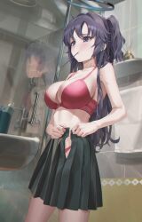 Rule 34 | 1girl, absurdres, bare shoulders, bathroom, blue archive, blush, bra, breasts, brushing teeth, clothes pull, cowboy shot, dance arm, dressing, halo, highres, holding, indoors, large breasts, long hair, no shirt, panties, pleated skirt, purple eyes, purple hair, red bra, ribbon, sink, skirt, skirt pull, solo, standing, tile wall, tiles, toothbrush, toothbrush in mouth, underwear, yuuka (blue archive)